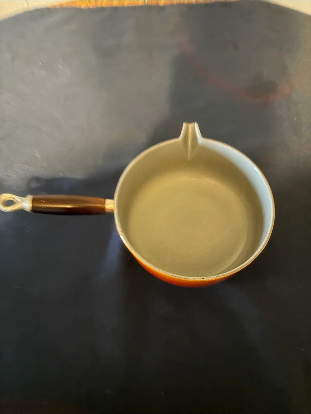 Vintage Le Creuset P20 Orange to Red Flame Gradient Enamel Saucepan with Lid.